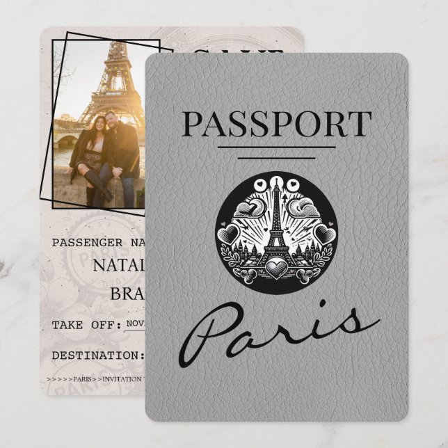 Grauer Paris Reisepass Save The Date (Vorne/Hinten)