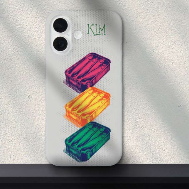Grauer Pop Art Sardine Art Grunge Zeichn Monogram iPhone 16 Hülle (Von Creator hochgeladen)