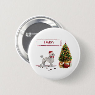 Grauer Pudel Lustiger Weihnachtshund mit Baum Button