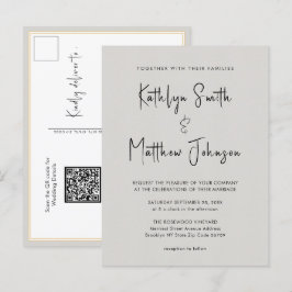 Grauer QR-Code in einer modernen Script Chic Hochz Einladungspostkarte