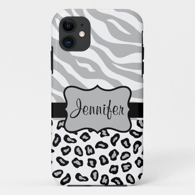 Grauer, Schwarz-weißer Zebra Leopard Name Personal Case-Mate iPhone Hülle (Rückseite)