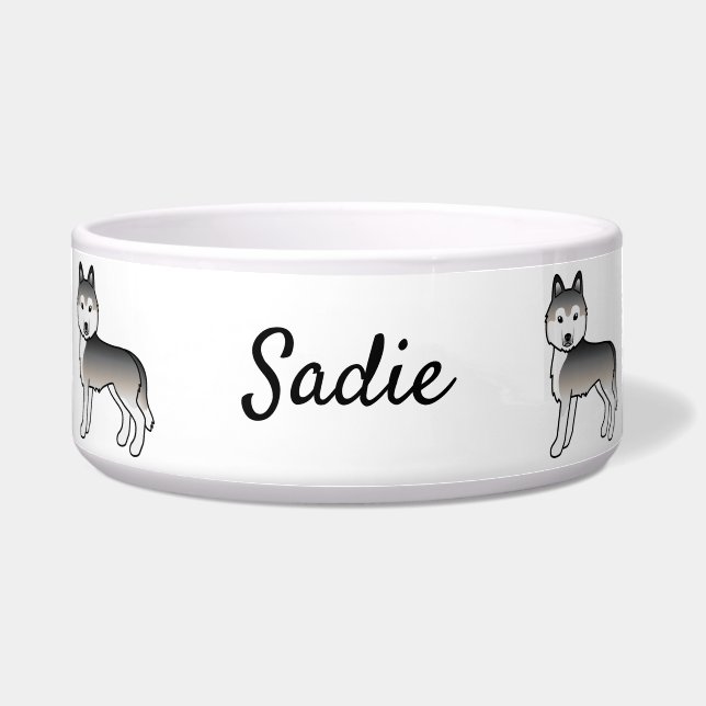 Grauer sibirischer Husky Niedlicher Cartoon Dog &  Napf (Vorderseite)