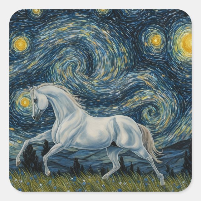 Grauer Stallion in der Sternennacht Quadratischer Aufkleber (Vorderseite)