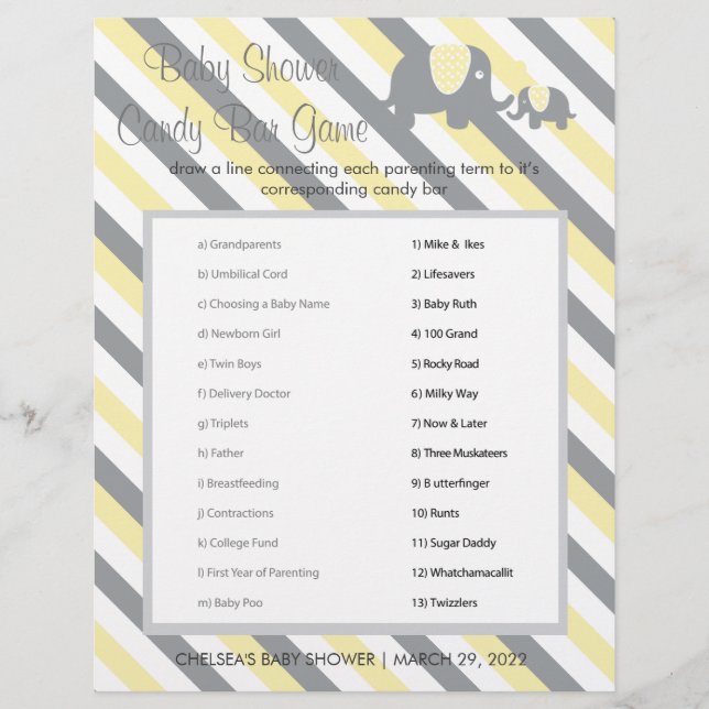 Grauer Streifen und Gelb Elephant Baby Shower Game Flyer (Vorne)
