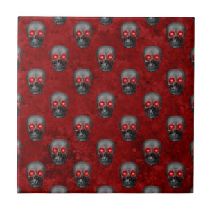 Grauer Totenkopf mit Herz-Augen Rot Aquarell Goth  Fliese