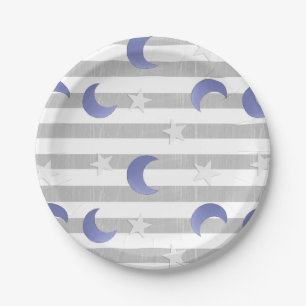 Grauer und blauer Mond-und Stern-Babyparty Pappteller