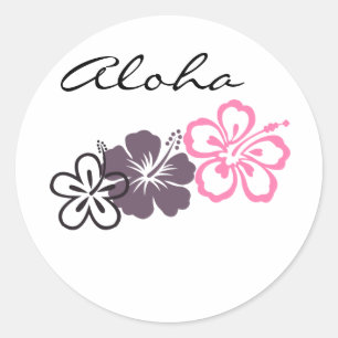 Grauer und rosa Hibiskus Hawaiianisches Thema Runder Aufkleber