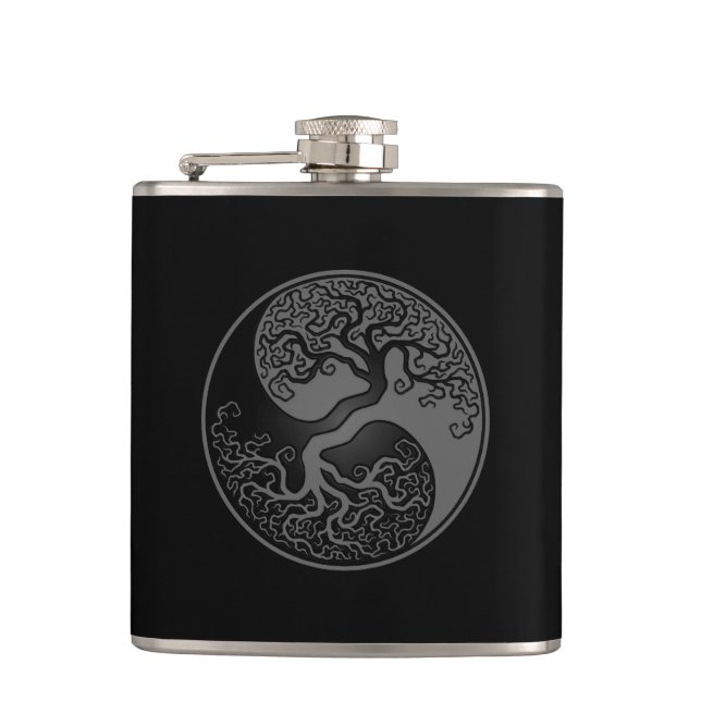 Grauer und schwarzer Baum des Lebens Yin Yang Flachmann (Vorderseite)