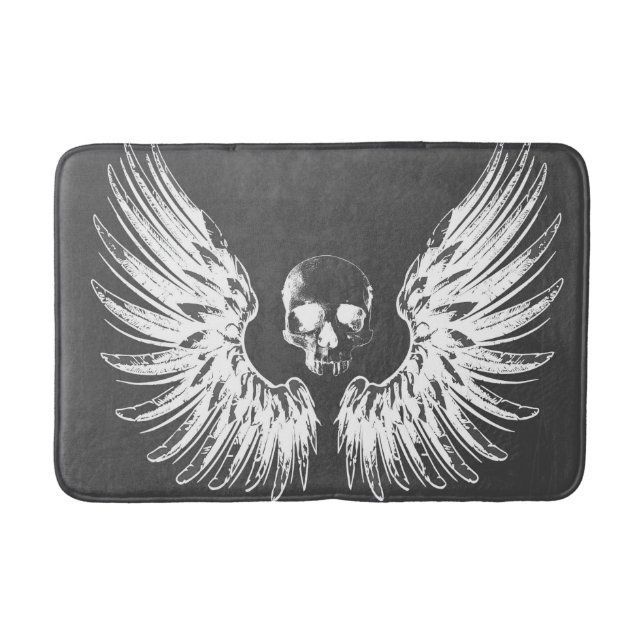 Grauer und weißer Rock Angel Wings Skull Badematte (Vorderseite)