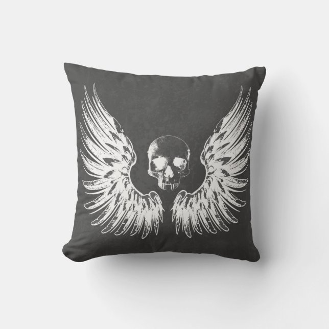 Grauer und weißer Rock Angel Wings Skull Kissen (Vorderseite)