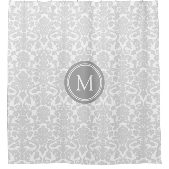 Grauer weißer Damask Monogramm-Duschvorhang Duschvorhang (Vorderseite)