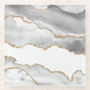 Grauer weißer Marmor Agate Raffinierter Goldener G Glasuntersetzer