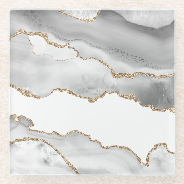 Grauer weißer Marmor Agate Raffinierter Goldener G Glasuntersetzer (Vorderseite)