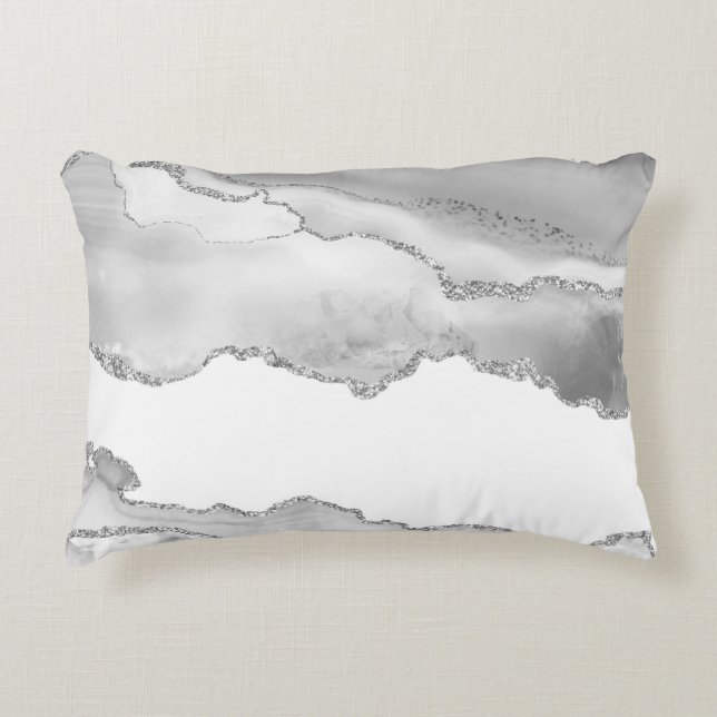 Grauer weißer Marmor Agate Simple Silver Glitzer Dekokissen (Vorderseite)