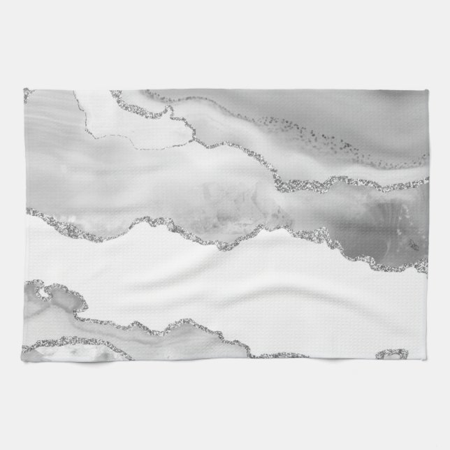 Grauer weißer Marmor Agate Simple Silver Glitzer Geschirrtuch (Horizontal)