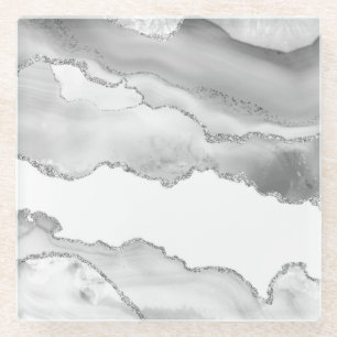 Grauer weißer Marmor Agate Simple Silver Glitzer Glasuntersetzer
