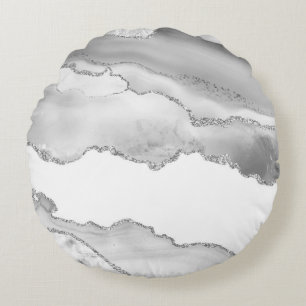 Grauer weißer Marmor Agate Simple Silver Glitzer Rundes Kissen