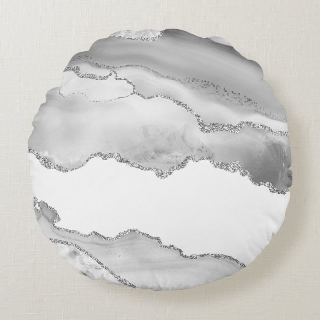 Grauer weißer Marmor Agate Simple Silver Glitzer Rundes Kissen (Vorderseite)