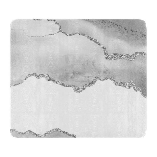 Grauer weißer Marmor Agate Simple Silver Glitzer Schneidebrett (Vorderseite)