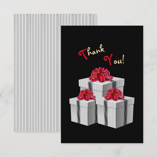 Grauer weißer Pinstripe Red Bow präsentiert auf Sc Dankeskarte (Vorne/Hinten)