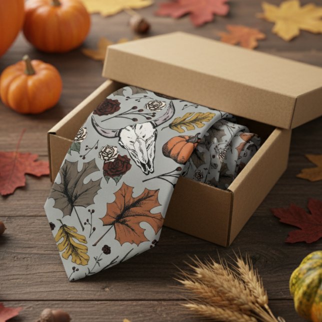 Grauer Western Bull Skull Country Krawatte (Modern Gray Thanksgiving Foliage Mens Tie. Fall Harvest, Cow Skull, Leaves Pattern in Autumn Colors.)