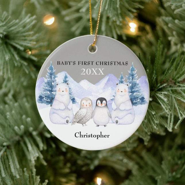 Grauer Winter Woodland Animal Baby's First Christm Keramik Ornament (Baum)