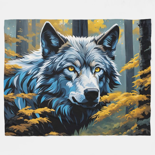 Grauer Wolf im Goldenen Wald Fleecedecke (Vorderseite (Horizontal))