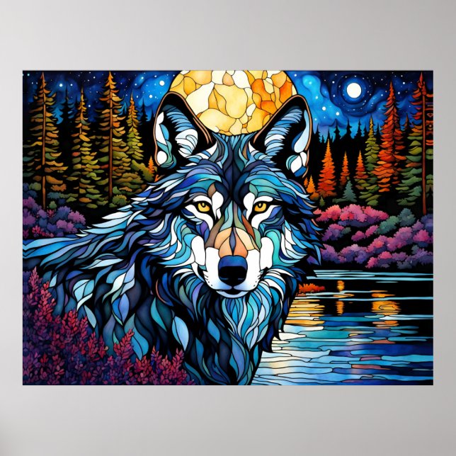 Grauer Wolf im waldgefestigten Glass-Look Poster (Vorne)