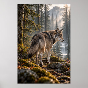 Grauer Wolf in Bergwald-Wildnis-Wandkunst Poster