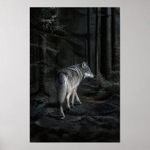 Grauer Wolf in schattigem Nadelwald Wildlife-Wandb Poster