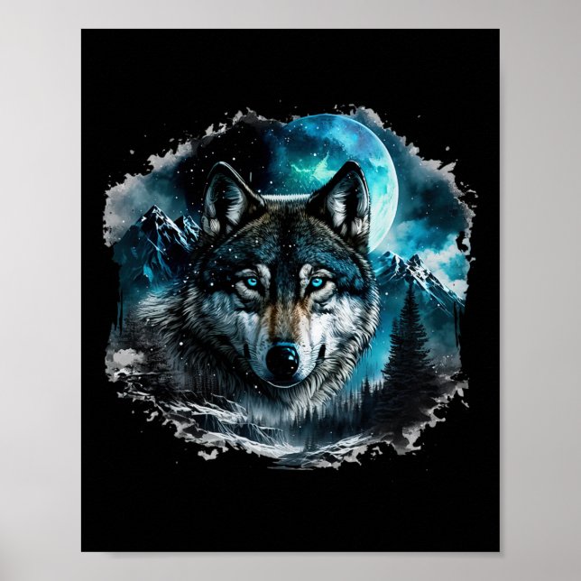 Grauer Wolf Jagdgebiet Icy Moon Forest Galaxy Poster (Vorne)