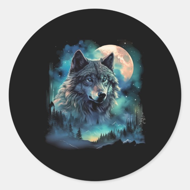 Grauer Wolf Jagdgründe Icy Moon Forest Galaxy Runder Aufkleber (Vorderseite)