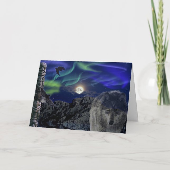 Grauer Wolf, Raben u. Aurora Gruß-Karte Karte (Vorderseite)