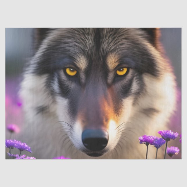Grauer Wolf Stare - Lila Blumen Seidenpapier (Vorderseite)