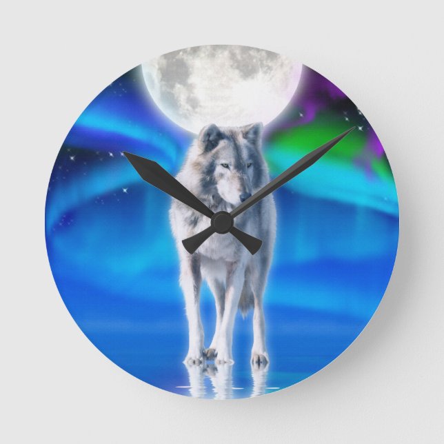 Grauer Wolf-u. Aurora-Mond-Tier-Kunst-Uhr Runde Wanduhr (Vorderseite)