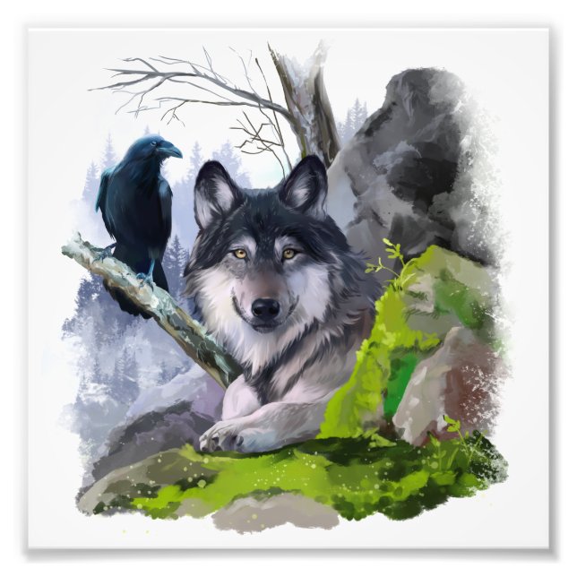 Grauer Wolf und schwarzer Rabe auf den Felsen Fotodruck (Vorne)