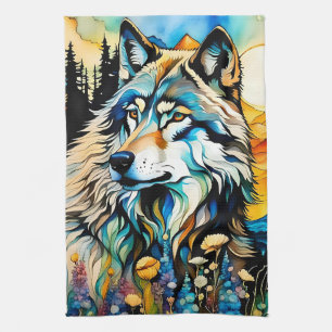 Grauer Wolf und Wildblumen Geschirrtuch