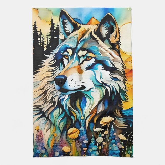 Grauer Wolf und Wildblumen Geschirrtuch (Vertikal)