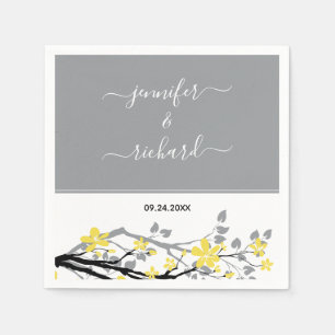 Grauer Zweig mit gelben Blumen, Namen Hochzeit Serviette
