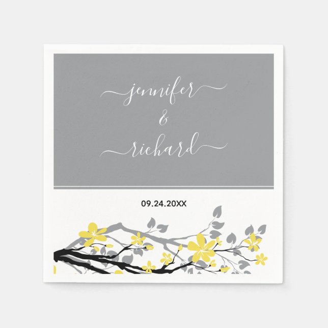 Grauer Zweig mit gelben Blumen, Namen Hochzeit Serviette (Vorderseite)
