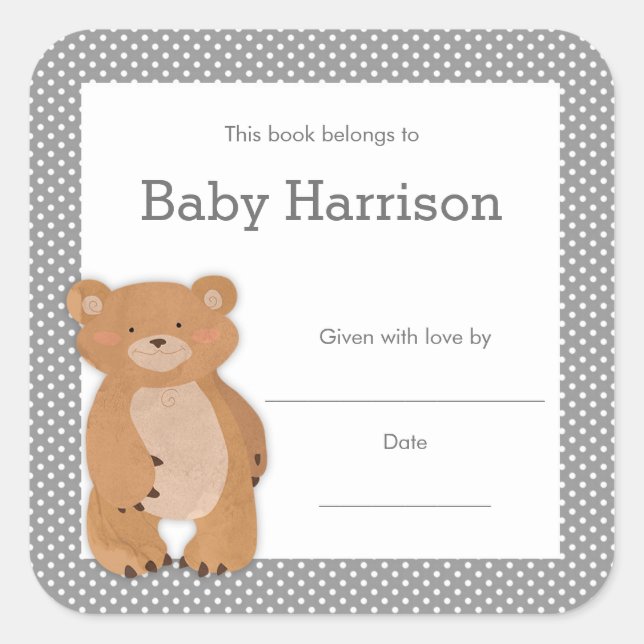 Graues Bear Baby Shower Buchzeichen, neutrales Buc Quadratischer Aufkleber (Vorderseite)