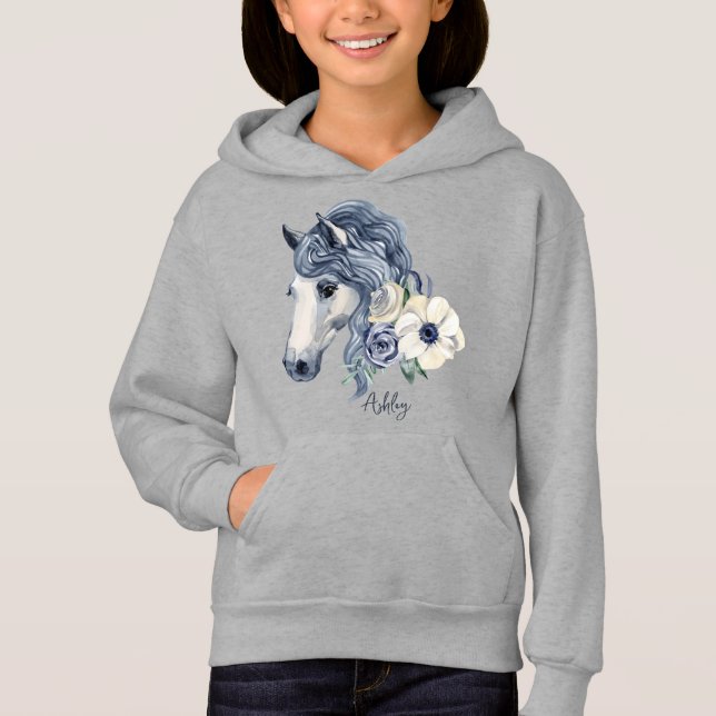 Graues blaues Pferd mit personalisiertem Namen der Hoodie (Vorderseite)