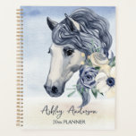Graues blaues Pferd mit personalisiertem Namen der Planer<br><div class="desc">Graublaues Pferd mit Blume personalisiertes Namensplanerbuch für Pferdefreunde.</div>