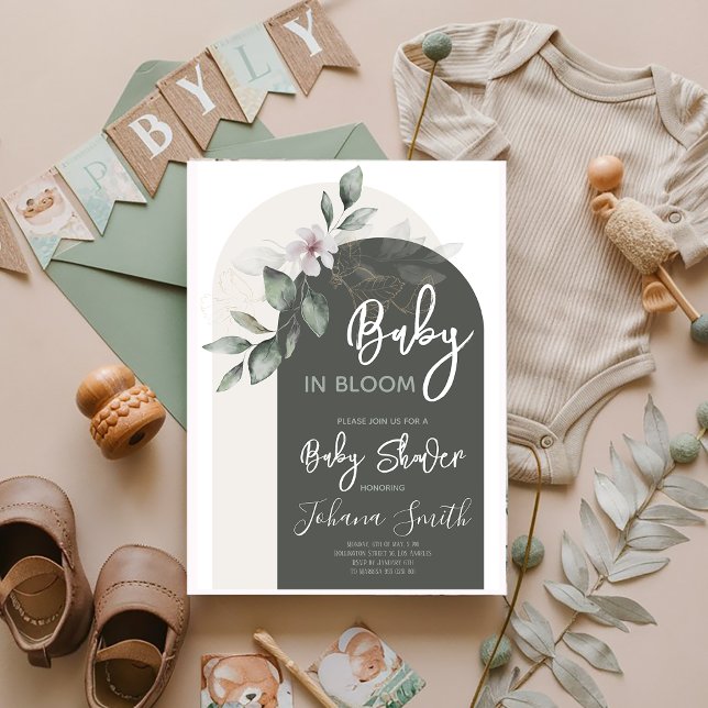 Graues Blumenarmbaby im Bloom Baby Shower Einladung (Von Creator hochgeladen)