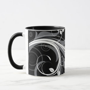 Graues Blumenmuster auf Schwarz Tasse