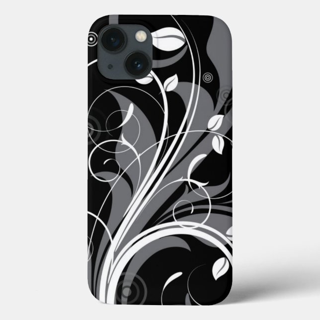 Graues Blumenmuster auf Schwarzem Case-Mate iPhone Hülle (Rückseite)