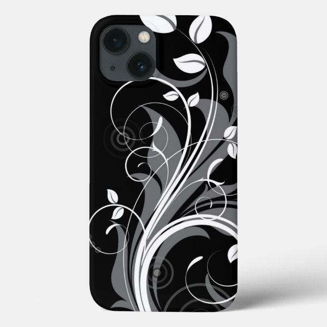 Graues Blumenmuster auf Schwarzem Case-Mate iPhone Hülle (Rückseite)
