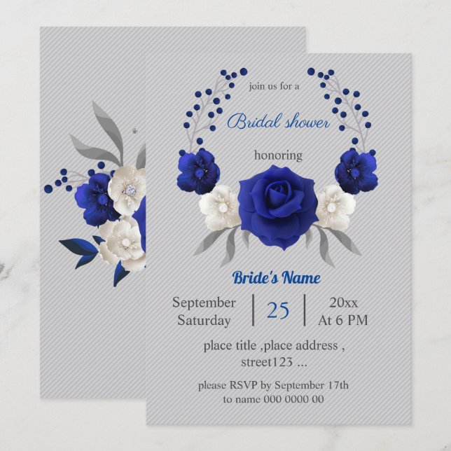 Graues Brautparty in königsblauen Blume Einladung (Vorne/Hinten)