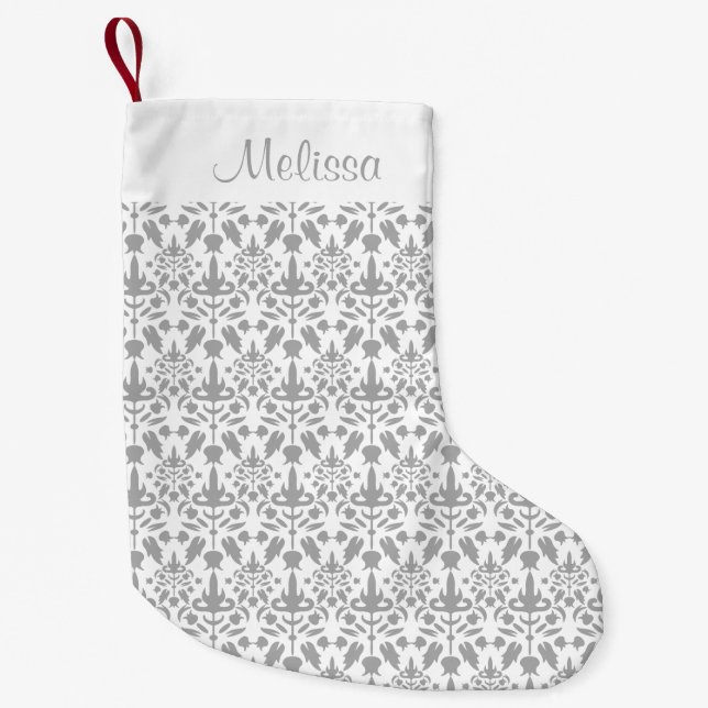 Graues Damaskusmuster mit Individuelle Name Kleiner Weihnachtsstrumpf (Vorderseite)