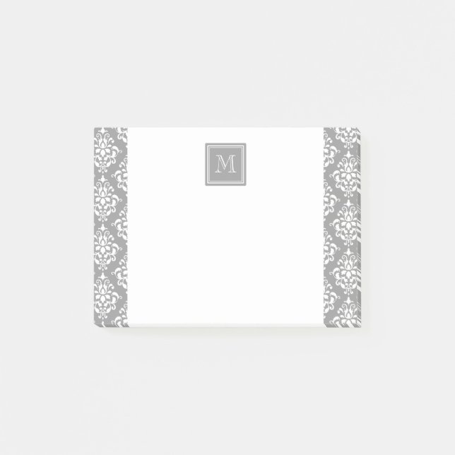 Graues Damastmuster 1 mit Monogramm Post-it Klebezettel (Vorderseite)